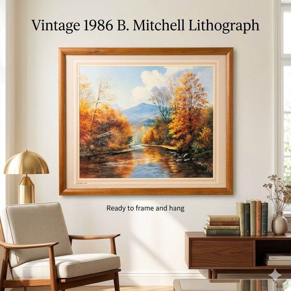 Vintage 1986 B. Mitchell Framed Lithograph 30x24 Autumn Landscape River
